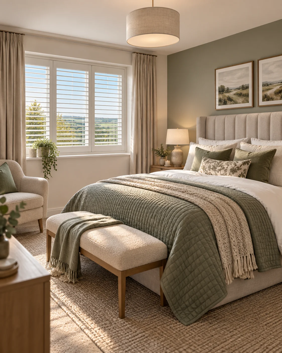 Illustrative Beech Hill View bedroom with plantation shutters, soft sage styling and a calm countryside outlook.