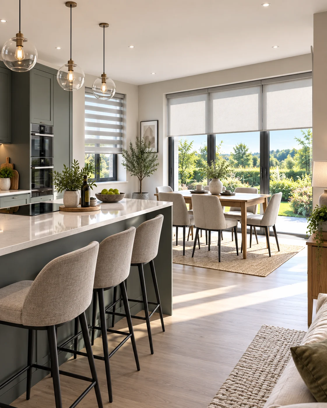 Illustrative Beech Hill View kitchen and family space with wide glazing and practical made-to-measure blinds.