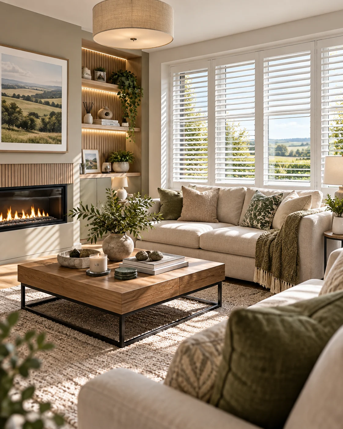 Illustrative Beech Hill View living room with plantation shutters, countryside outlook and warm contemporary finishes.