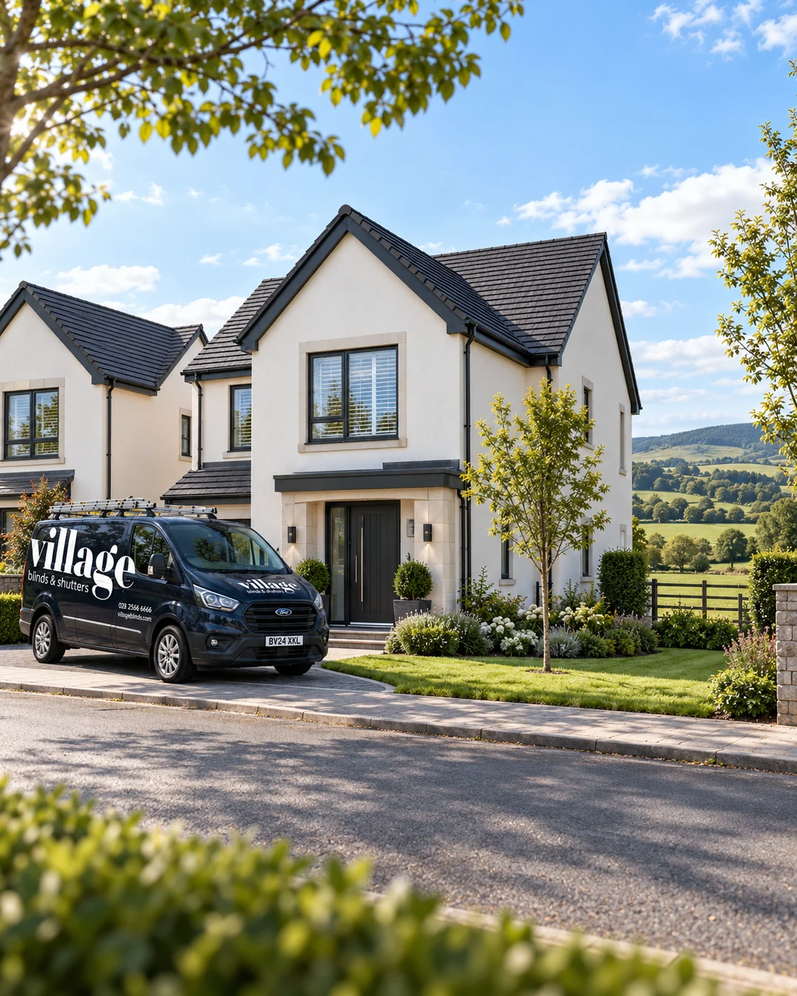 Illustrative Beech Hill View-style home beside open countryside with a Village Blinds and Shutters van outside.