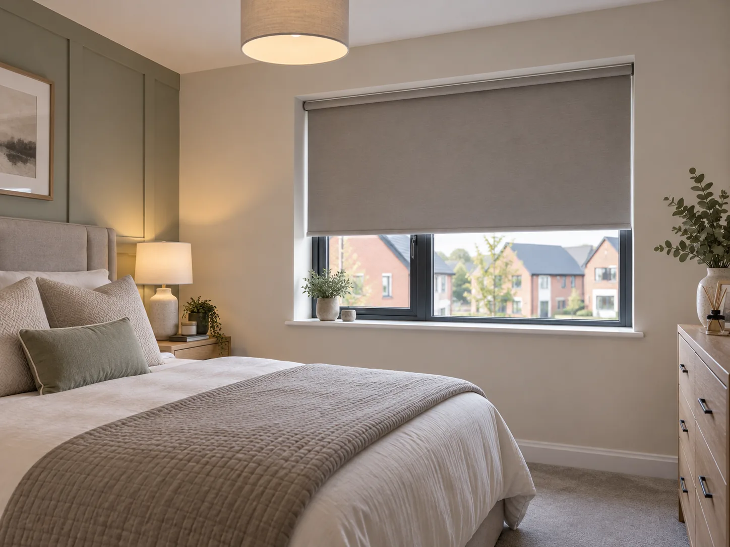 Blackout roller blind in a neutral bedroom in a Beetlings style new-build home in Doagh