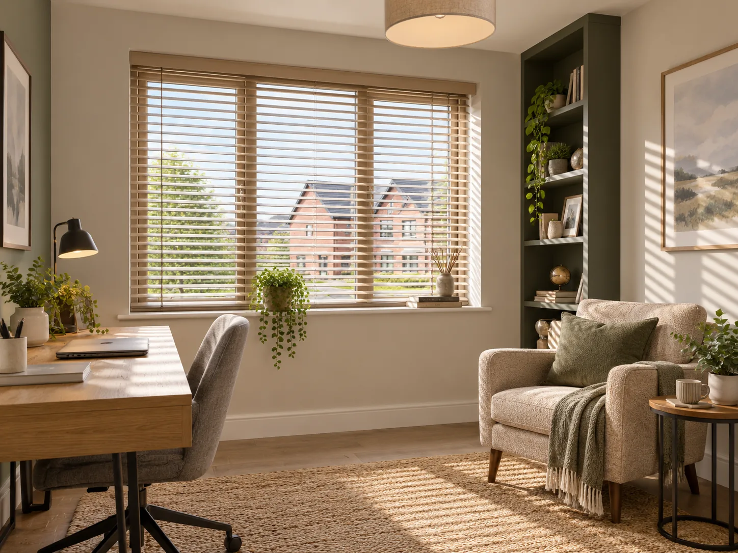 Wooden Venetian blinds in a home office in a Beetlings style new-build home in Doagh
