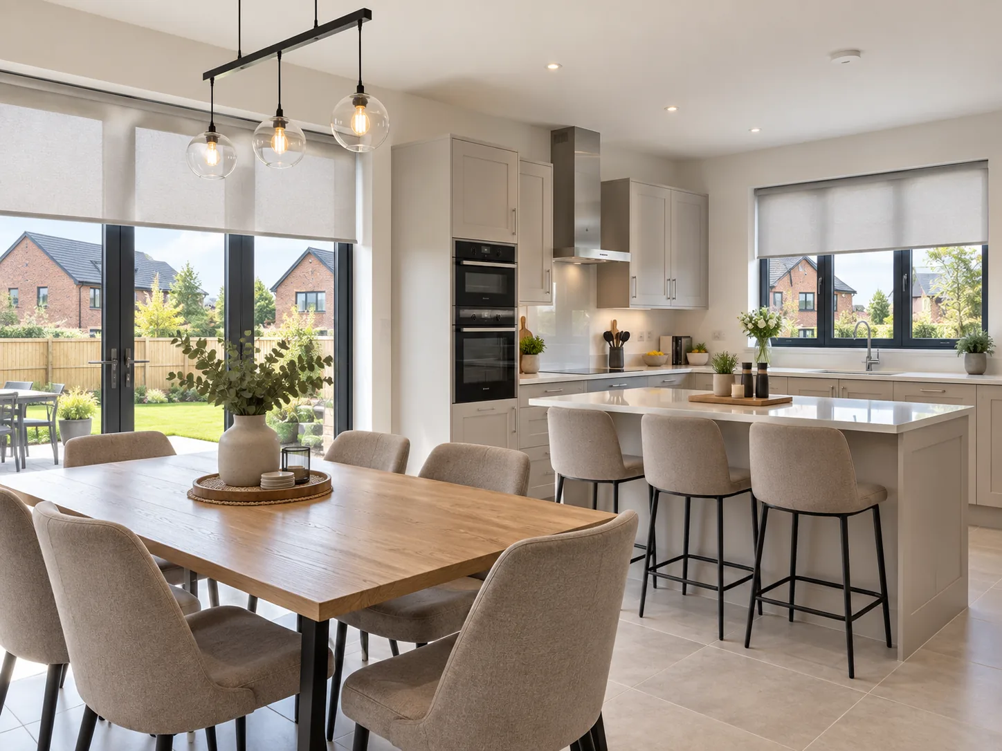Roller blinds in a modern kitchen diner in a Beetlings style home in Doagh
