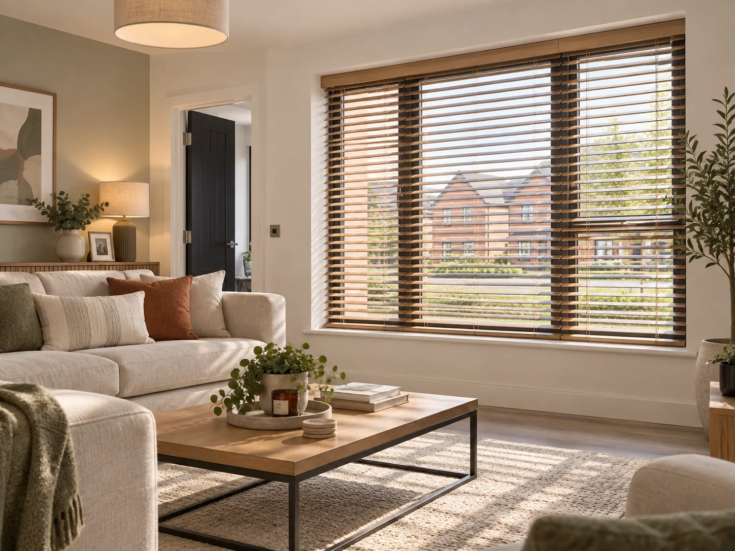 The Beetlings Doagh blinds with wooden Venetian blinds in a modern new-build living room