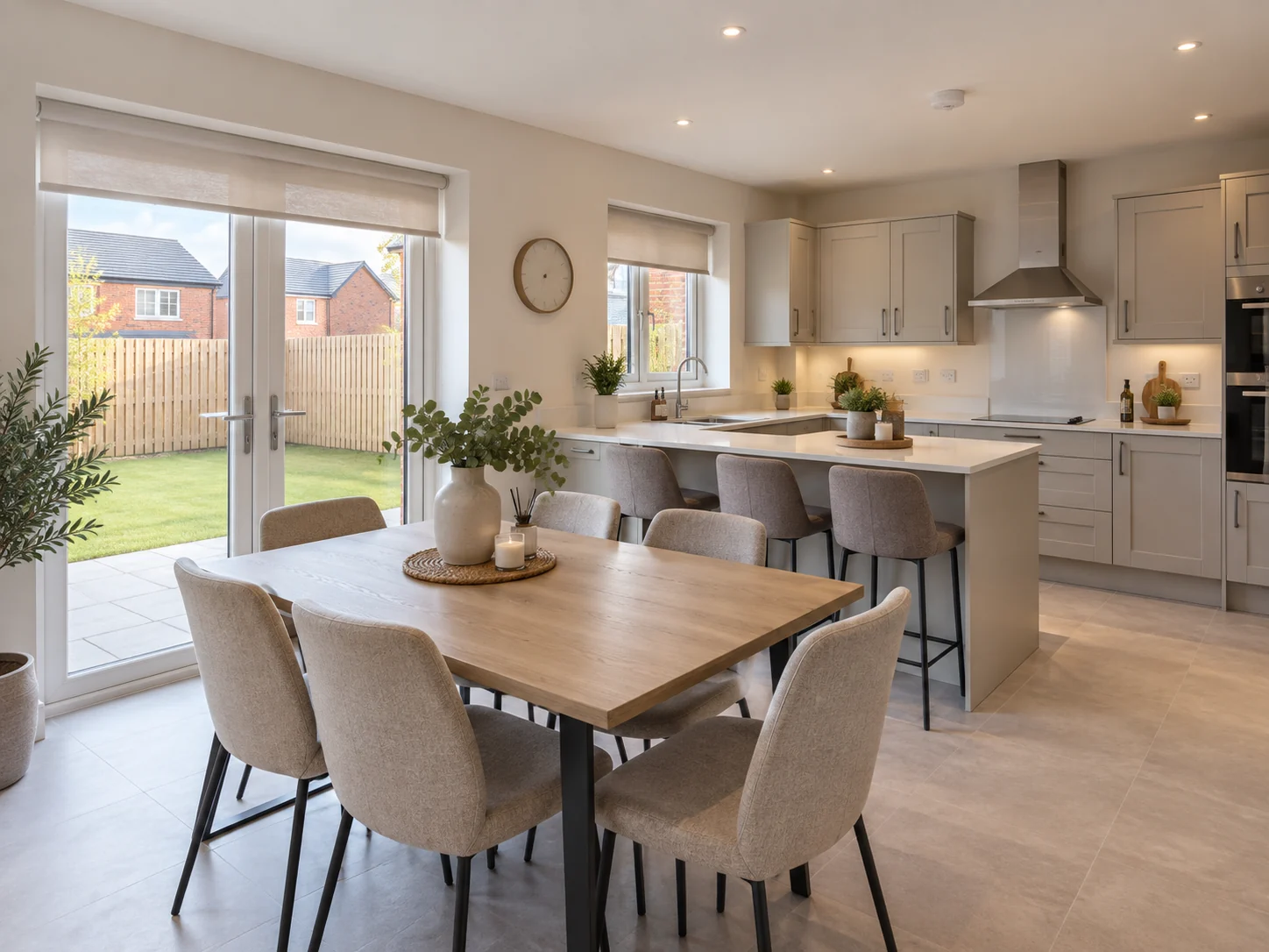 Neutral roller blinds in an open-plan kitchen dining room in a Antrim new-build home