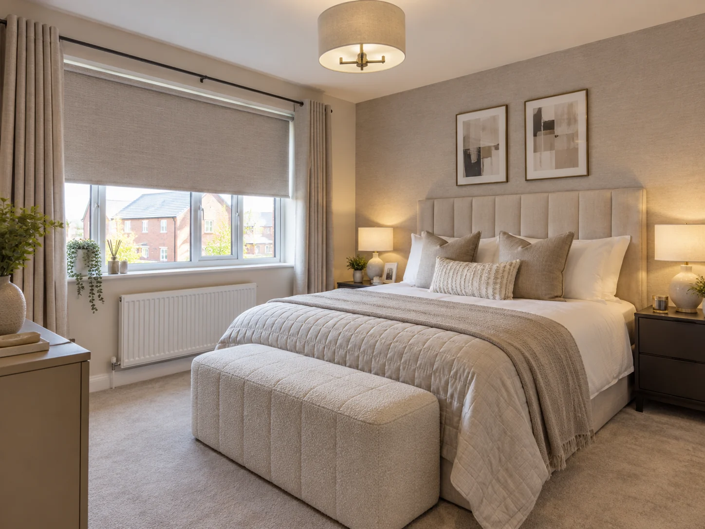 Blackout roller blind in a neutral main bedroom in a Belmont Hall Ballyclare home