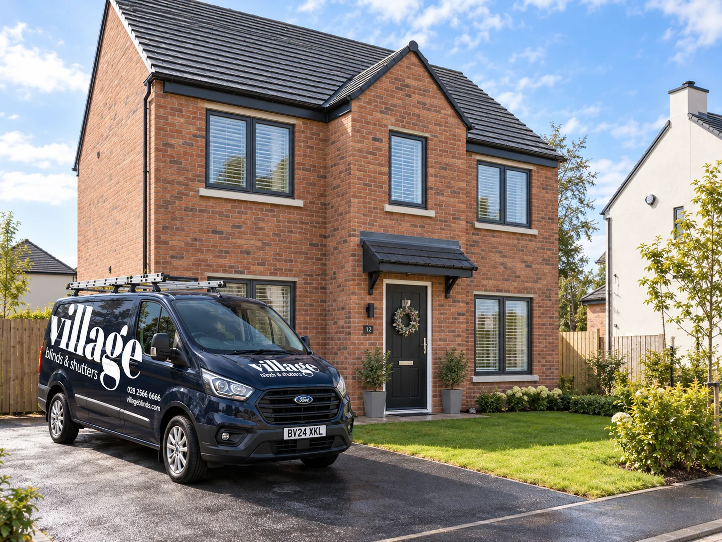 Village Blinds and Shutters van outside a modern new-build home at Belmont Hall Ballyclare