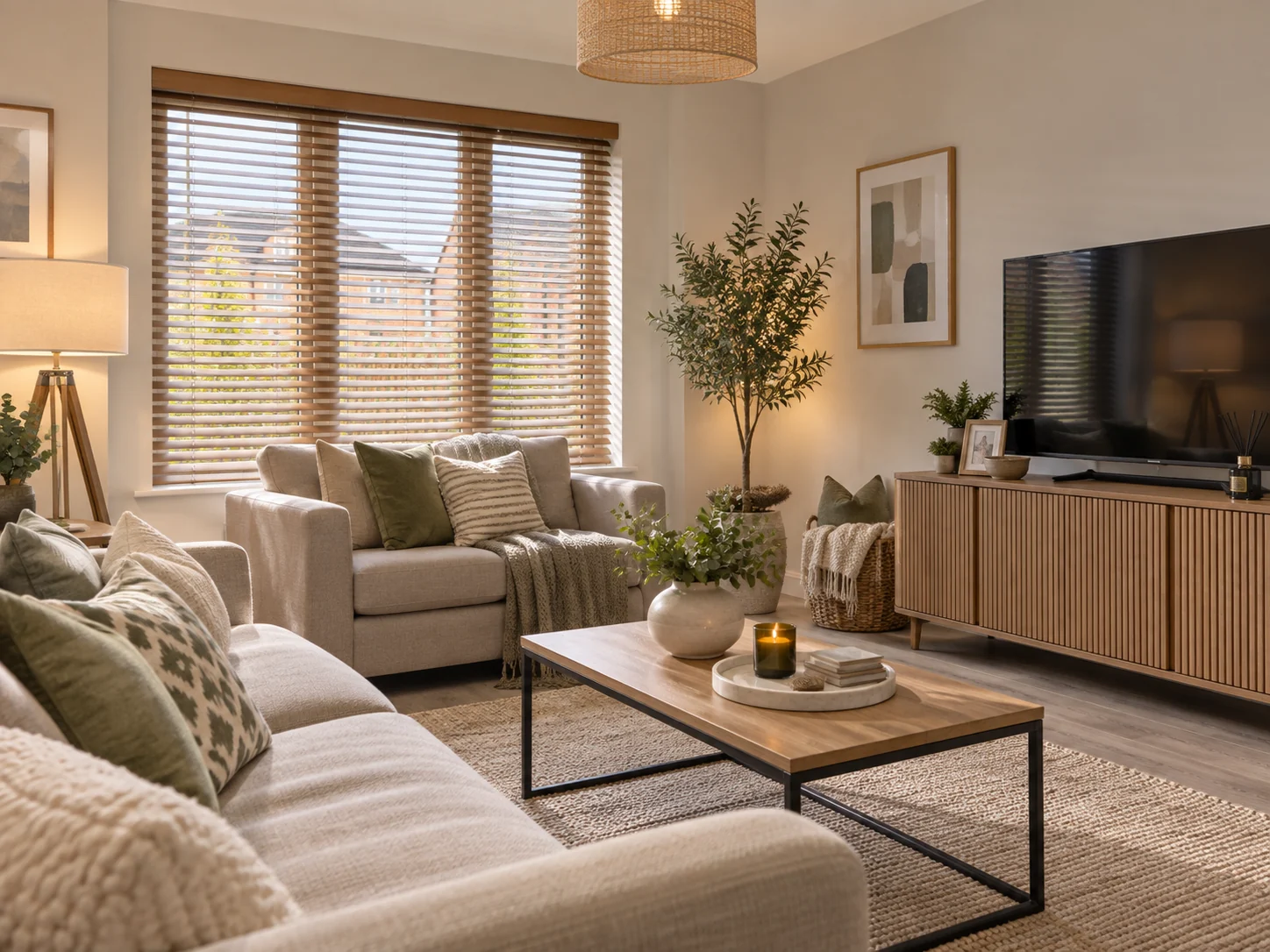 Belmont Hall Ballyclare blinds with wooden Venetian slats in a contemporary new-build living room