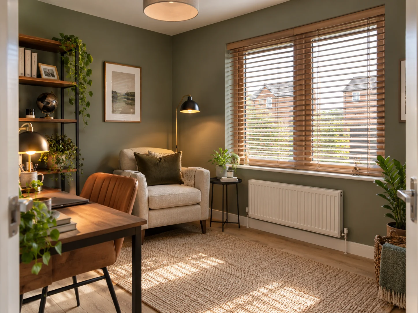 Wooden Venetian blinds in a home study in a modern Belmont Hall Ballyclare house