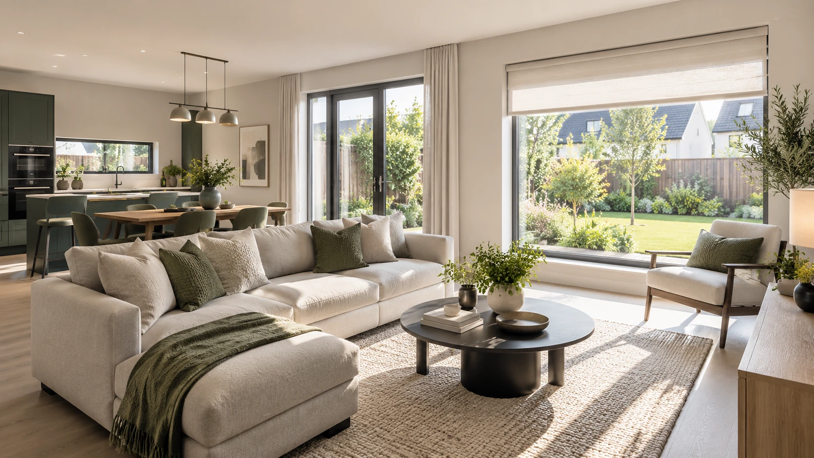 Bright open-plan family living space in a Camowen Avenue home with large windows and made-to-measure blinds.