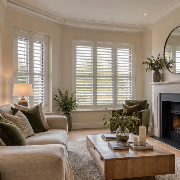 Illustrative formal living room at Carrolls Wood with plantation shutters and a premium contemporary finish.