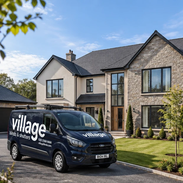 Illustrative large detached home at Carrolls Wood on Hamiltonsbawn Road with a Village Blinds and Shutters van outside.