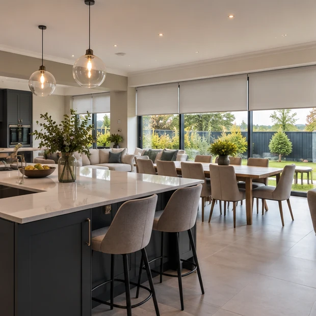 Illustrative large Carrolls Wood kitchen and dining space with wide glazing and discreet roller blinds.
