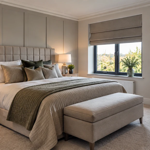 Illustrative principal bedroom at Carrolls Wood with a wide Roman blind and tailored neutral interior.