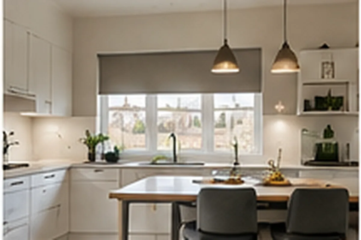 Modern new-build kitchen at Castlebrook Meadows style home with made-to-measure roller blinds.