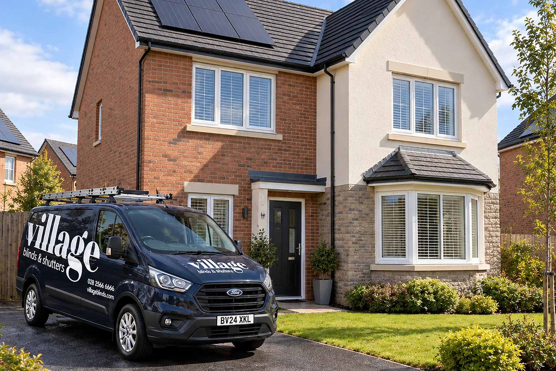 Village Blinds & Shutters van outside a Castlebrook Meadows style new-build home in Antrim with fitted window blinds.