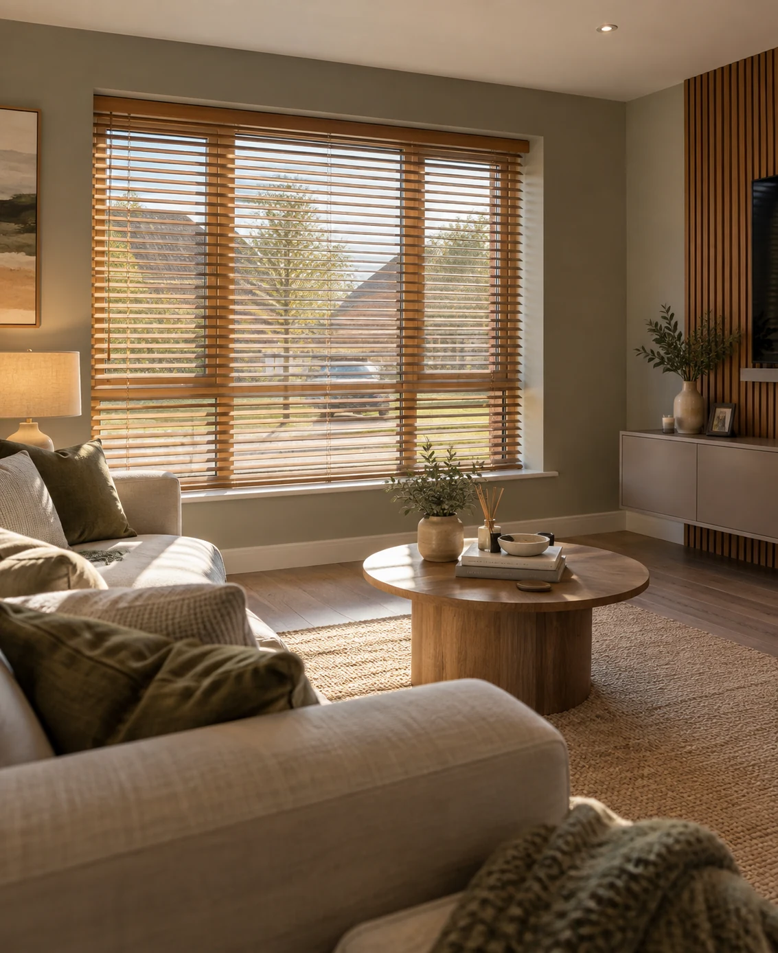 Castlegate Ballyclare blinds and shutters – wooden Venetian blinds in a Castlegate chalet bungalow living room