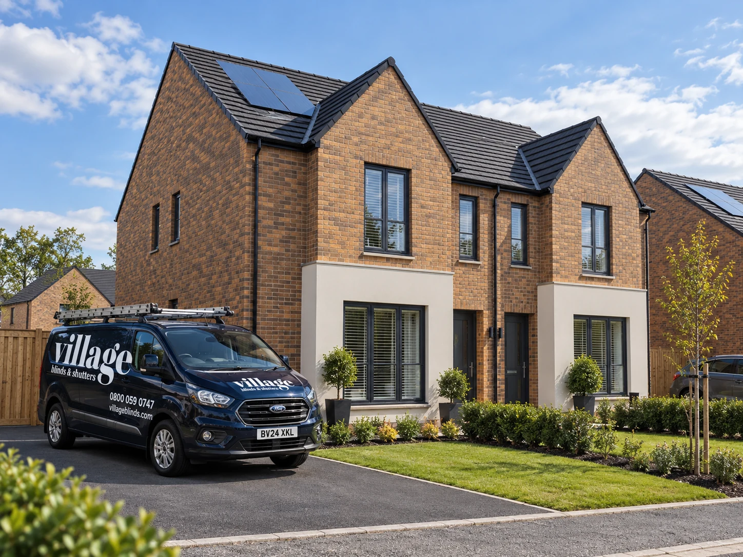 Castlegate Ballyclare blinds and shutters – Village Blinds and Shutters van outside a Castlegate new-build home