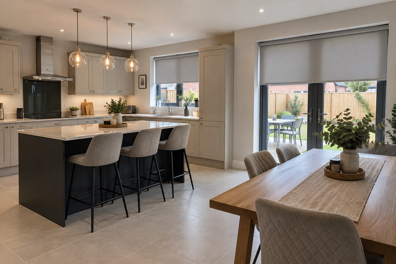 Castlegate Ballyclare blinds and shutters – roller blinds in a contemporary Castlegate kitchen and dining area