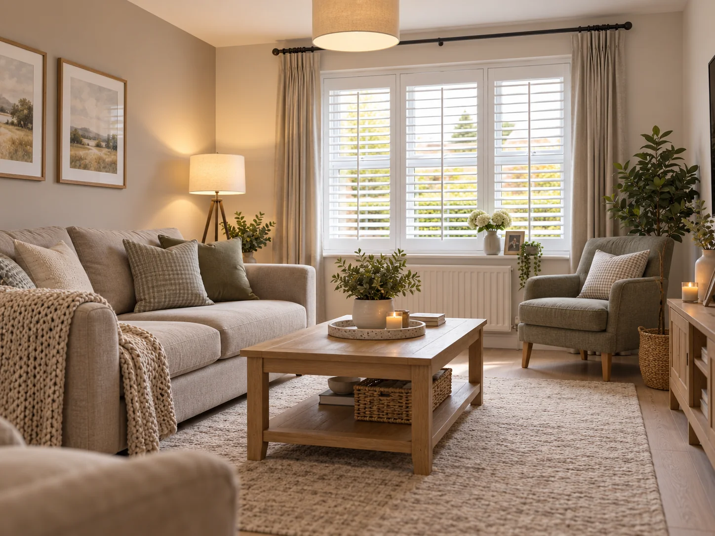 Realistic Church Heights living room with plantation shutters suited to a modern turnkey family home.
