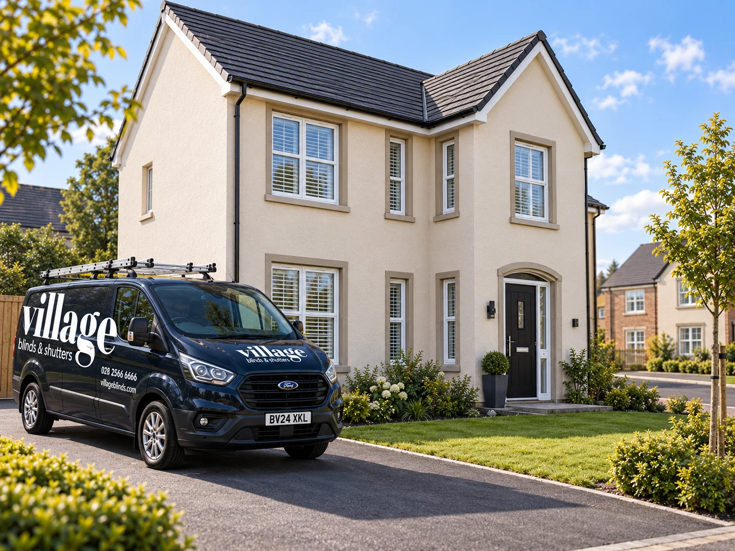 Illustrative Church Heights-style home in Castlecaulfield with a Village Blinds and Shutters van outside.
