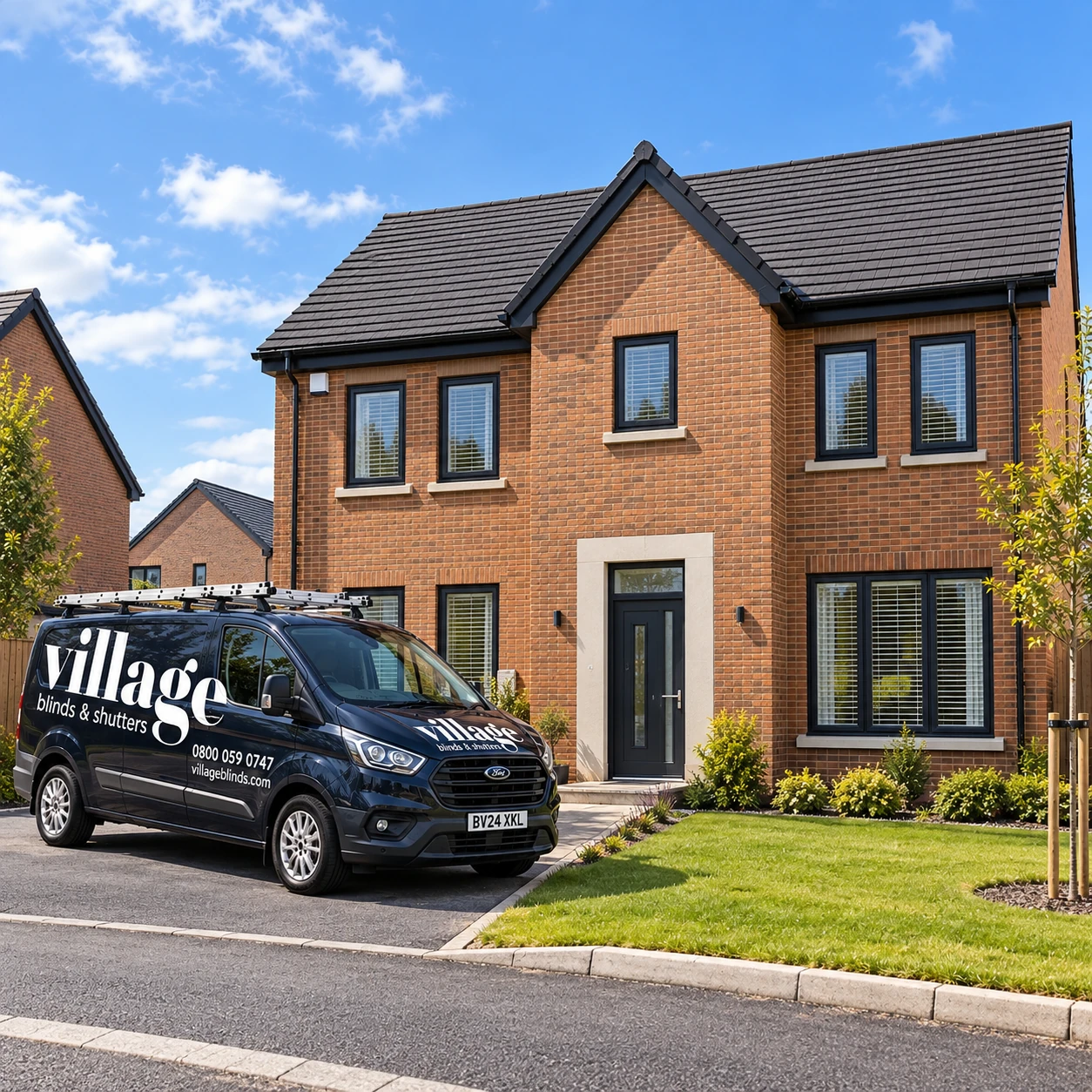 Clarebane Ballyclare blinds and shutters – Village Blinds and Shutters van outside a Clarebane new-build home