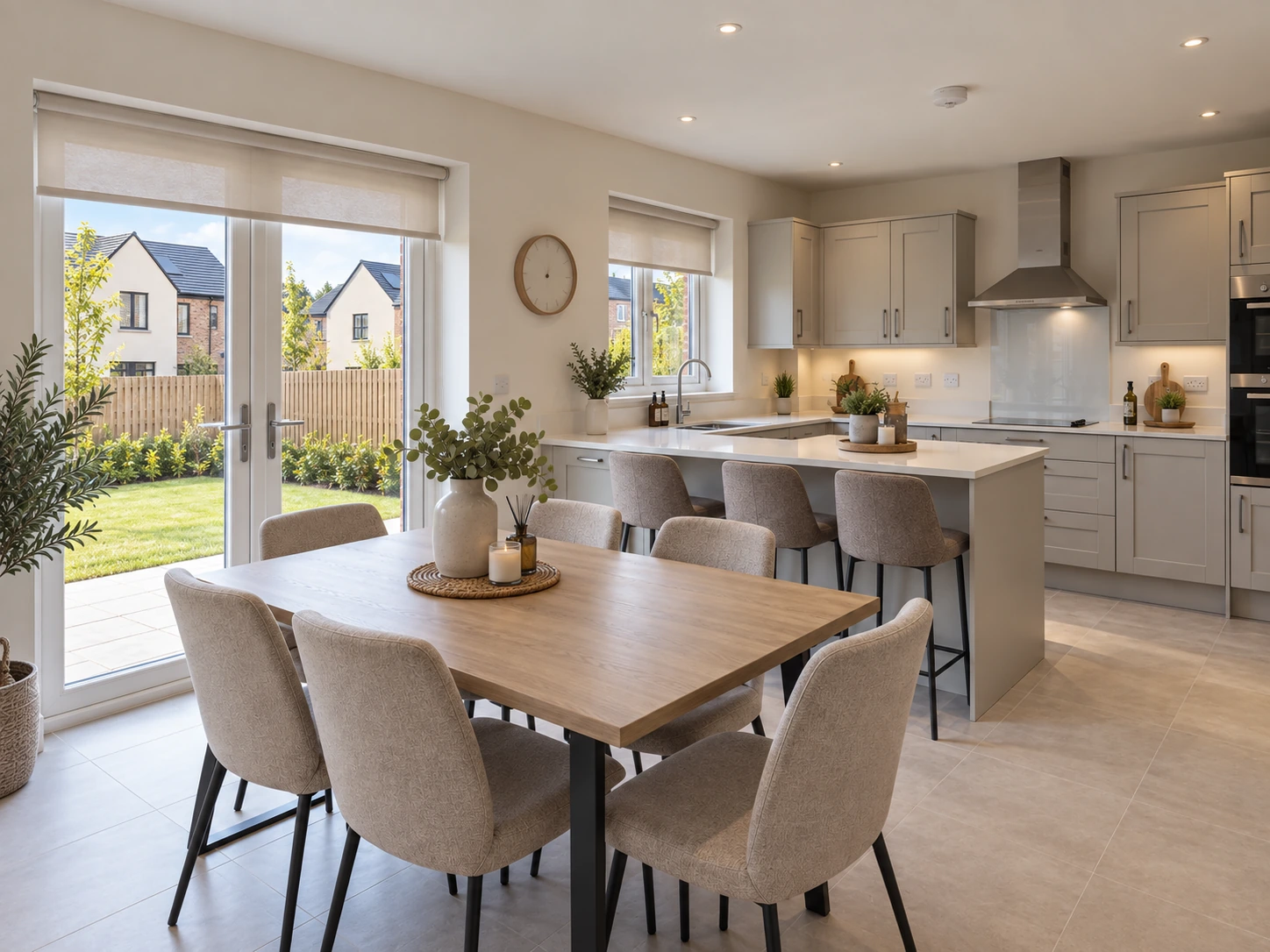 Clarebane Ballyclare blinds and shutters – roller blinds fitted to a Clarebane kitchen and dining area