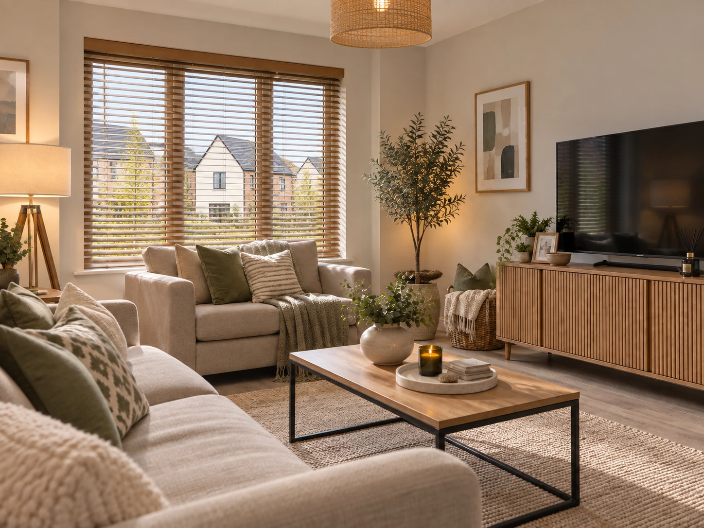 Clarebane Ballyclare blinds and shutters – wooden Venetian blinds fitted in a Clarebane living room