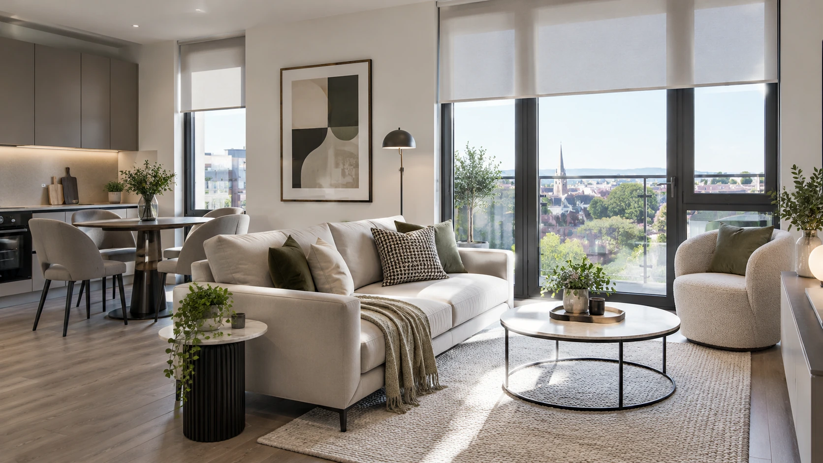 Bright contemporary living space in a Claris home with large glazing, a clean Scandi-inspired interior and made-to-measure blinds.
