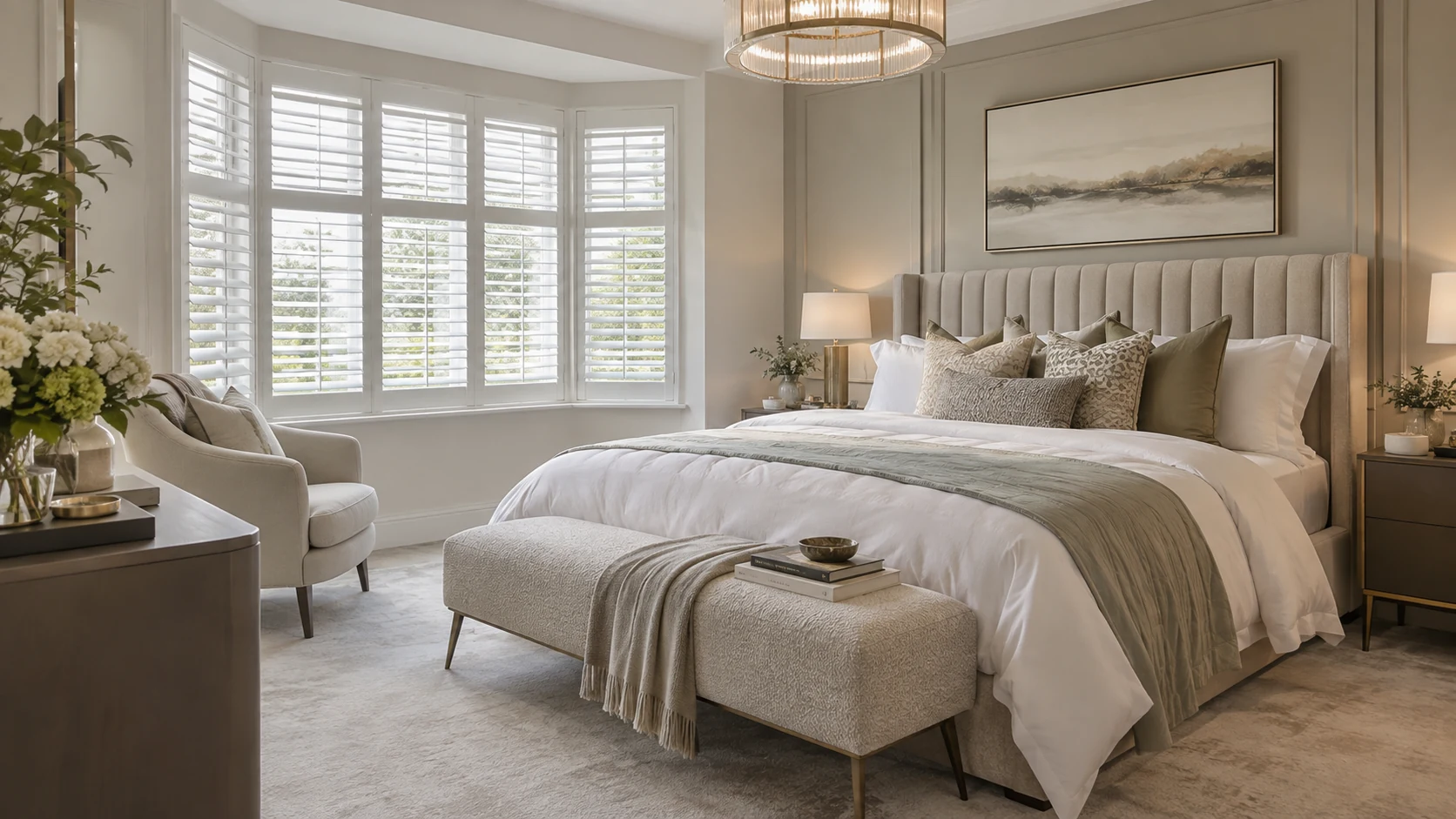 Calm neutral bedroom in a Cloughan View home with white plantation shutters and a fitted finish.