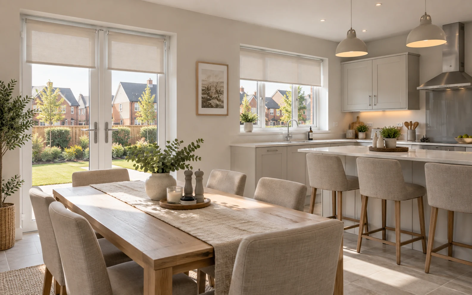 Bright open-plan kitchen diner in a Cloughan View home with made-to-measure roller blinds and garden doors.