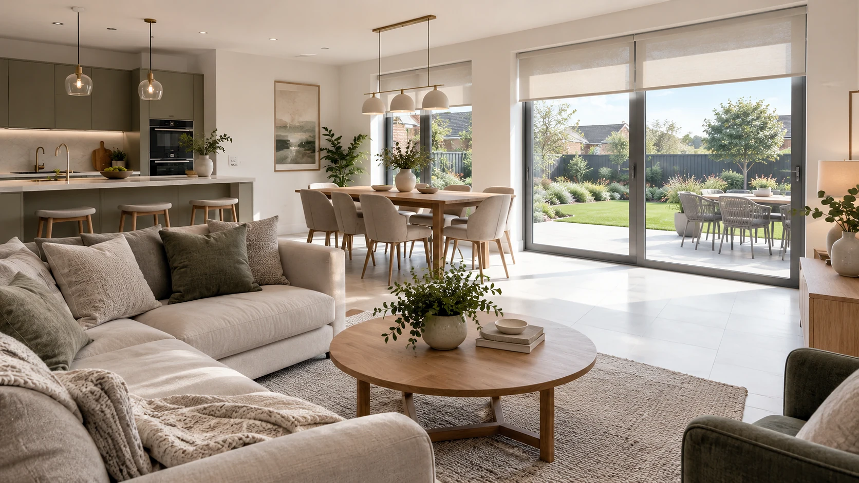 Ultra-realistic bright contemporary living room with made-to-measure blinds, illustrative of a modern Colemans Green home