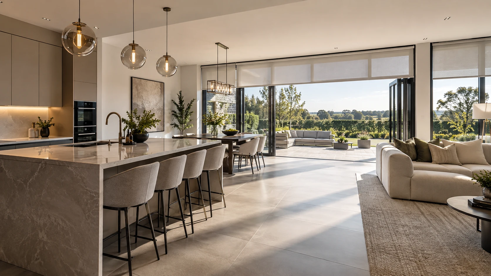 Ultra-realistic open-plan kitchen and living space with modern window treatments, illustrative of a Colemans Green home