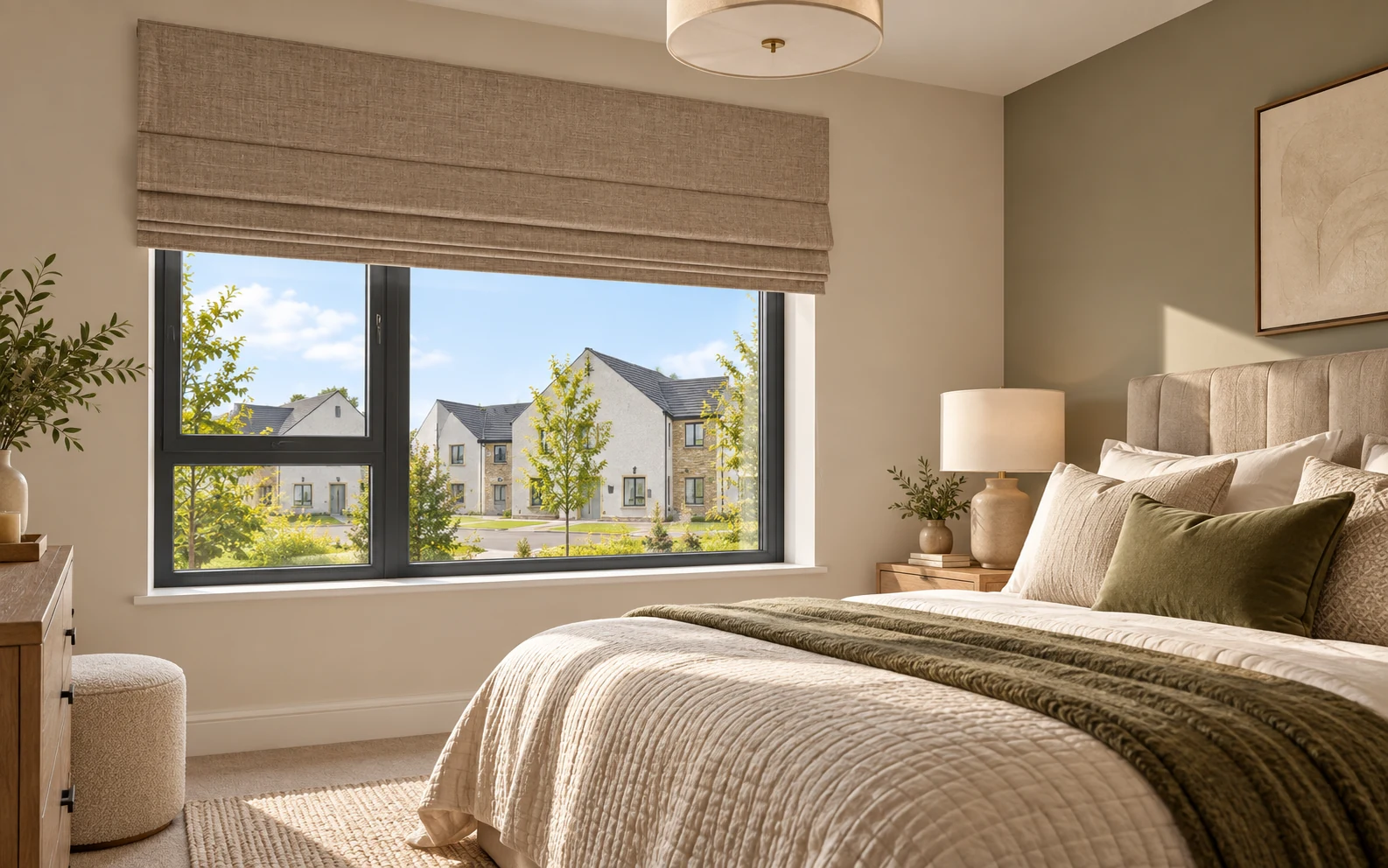 Bedroom with Roman blinds in a contemporary Coolmaghery View Magheramason style home