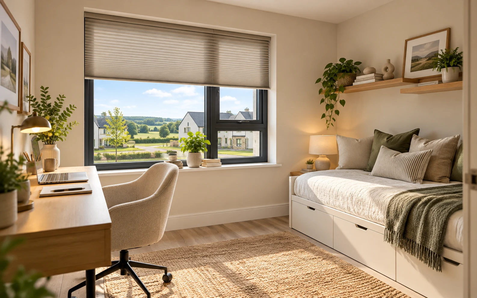 Home office and guest bedroom with cellular blinds in a contemporary Coolmaghery View Magheramason style home