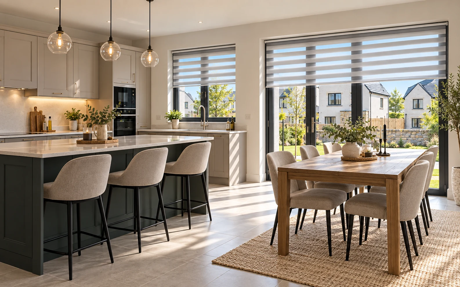 Open-plan kitchen diner with Day and Night blinds in a contemporary Coolmaghery View Magheramason style home
