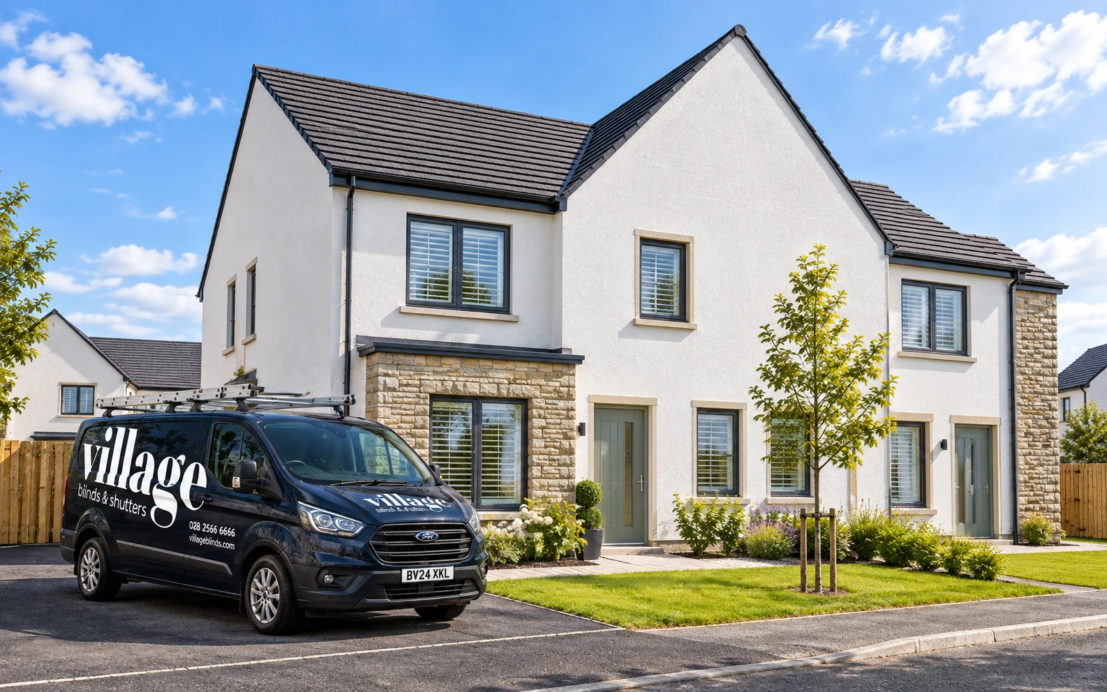 Coolmaghery View Magheramason new homes exterior with a Village Blinds and Shutters van outside