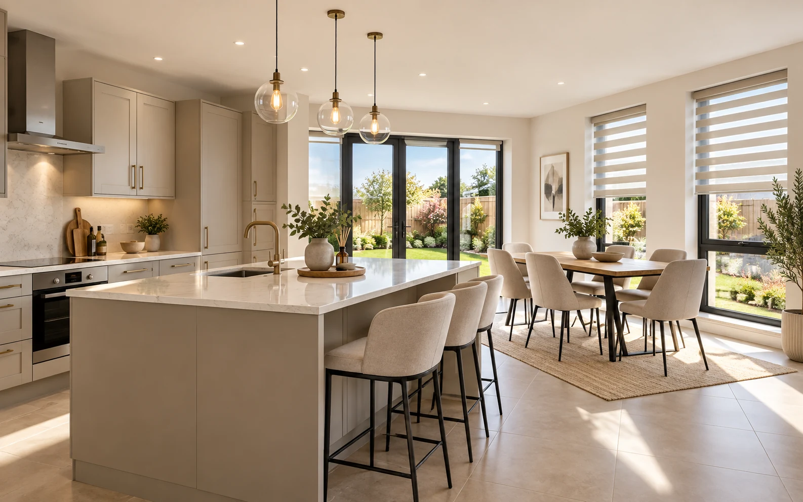 Open-plan kitchen diner with Day and Night blinds in a contemporary Cumber View Claudy style home