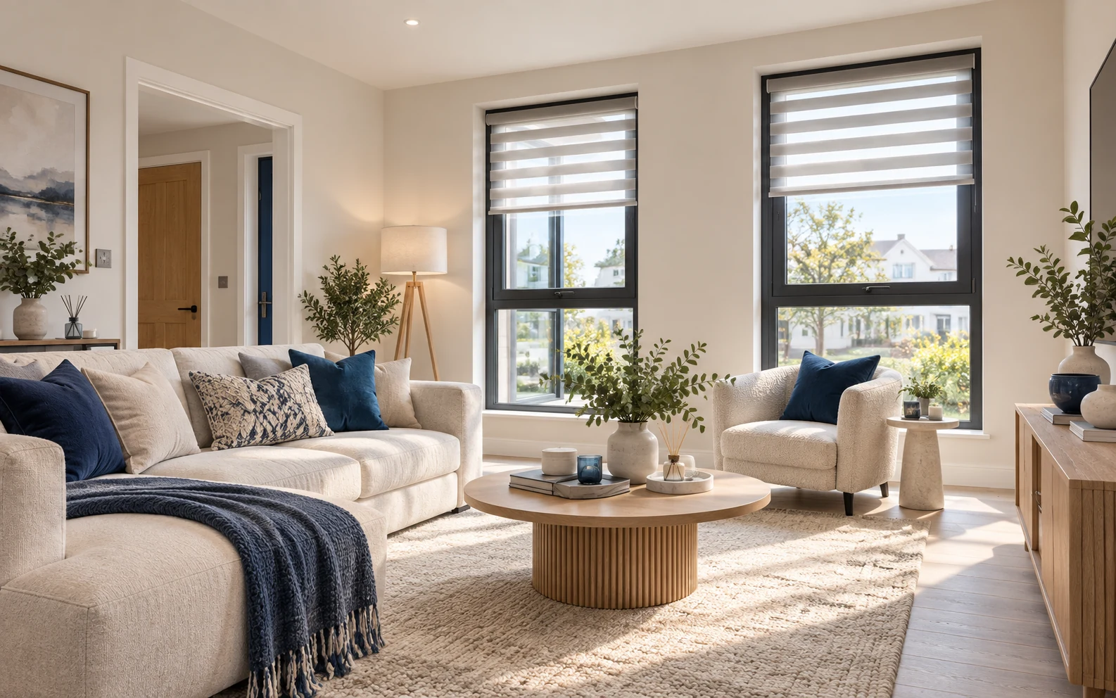 Living room with roller blinds in a contemporary Cumber View Claudy style home