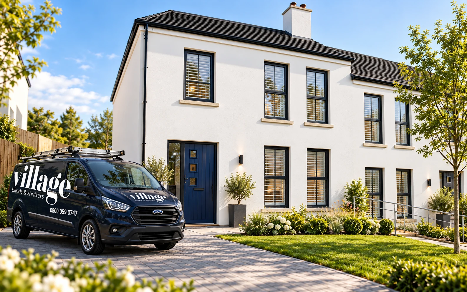 Cumber View Claudy new homes exterior with a Village Blinds and Shutters van outside