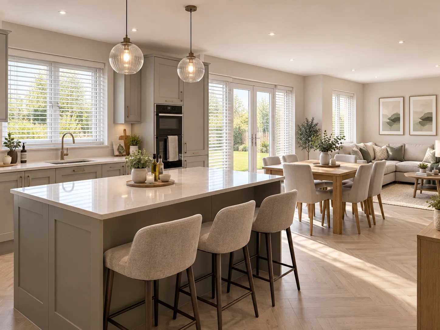 Realistic Curlyhill open-plan kitchen, dining and family space with practical blinds for everyday use and garden doors.