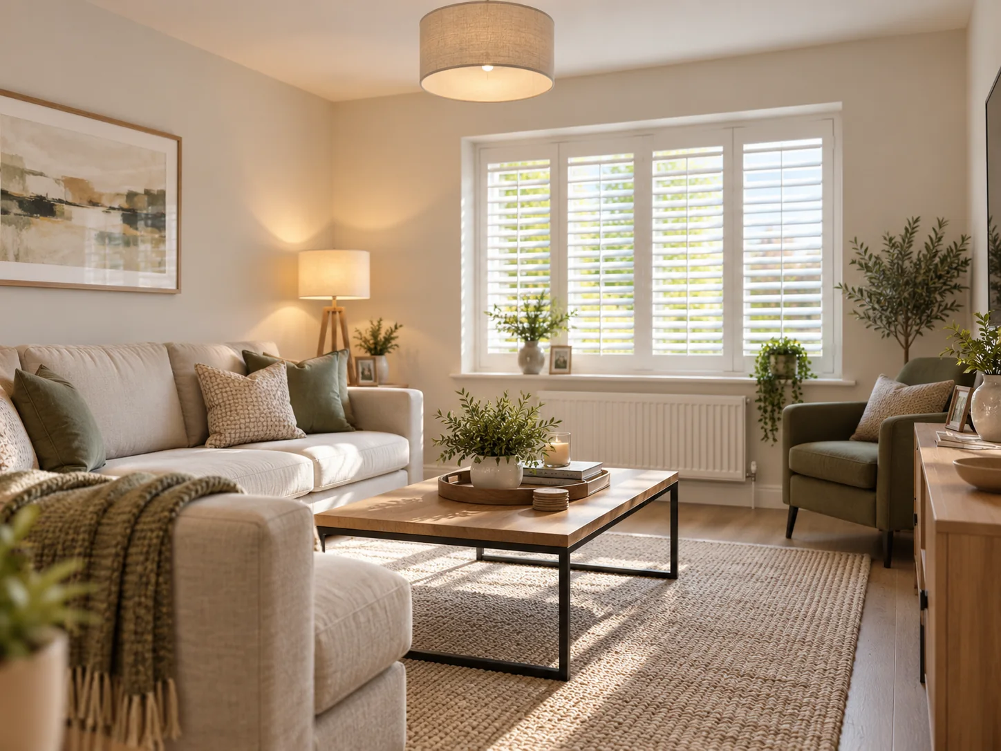 Realistic Curlyhill living room with plantation shutters providing privacy and soft daylight in a front-facing room.