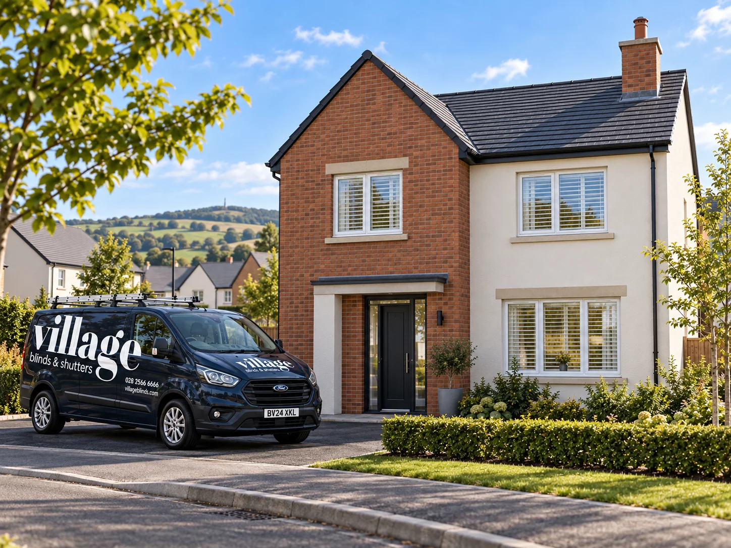 Illustrative Curlyhill-style new-build home in Strabane with a Village Blinds and Shutters van outside.