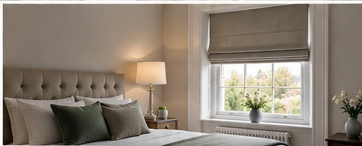 Calm bedroom with a traditional sash-style window and tailored Roman blind, illustrative of a Deanery Demesne home.