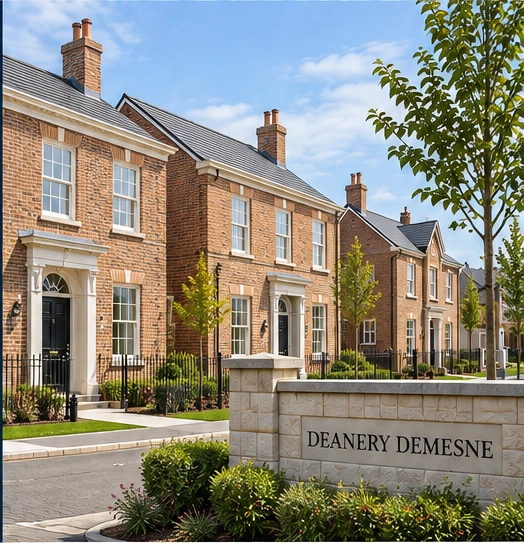 Georgian-inspired new homes with tall sliding-sash-style windows and traditional detailing, illustrative of Deanery Demesne in Armagh.