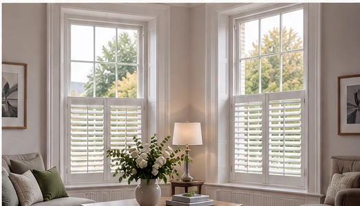 High-ceilinged living room with tall sash-style windows and white plantation shutters, illustrative of a Deanery Demesne home.