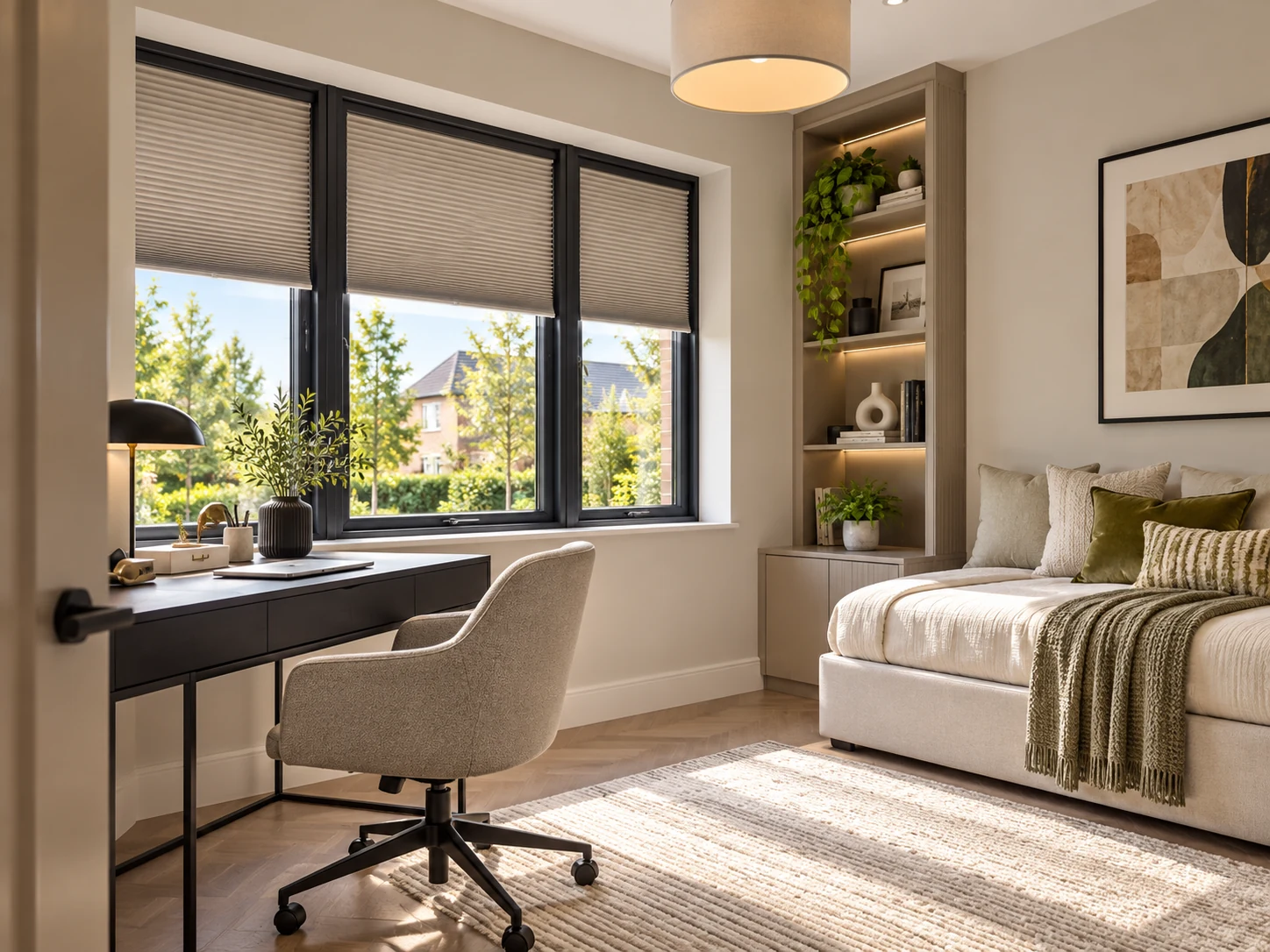 Home office and guest bedroom with cellular blinds in a Derrianna Culmore Road style home