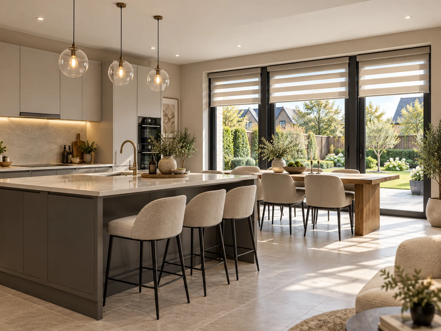 Open-plan kitchen diner with Day and Night blinds in a Derrianna Culmore Road style home