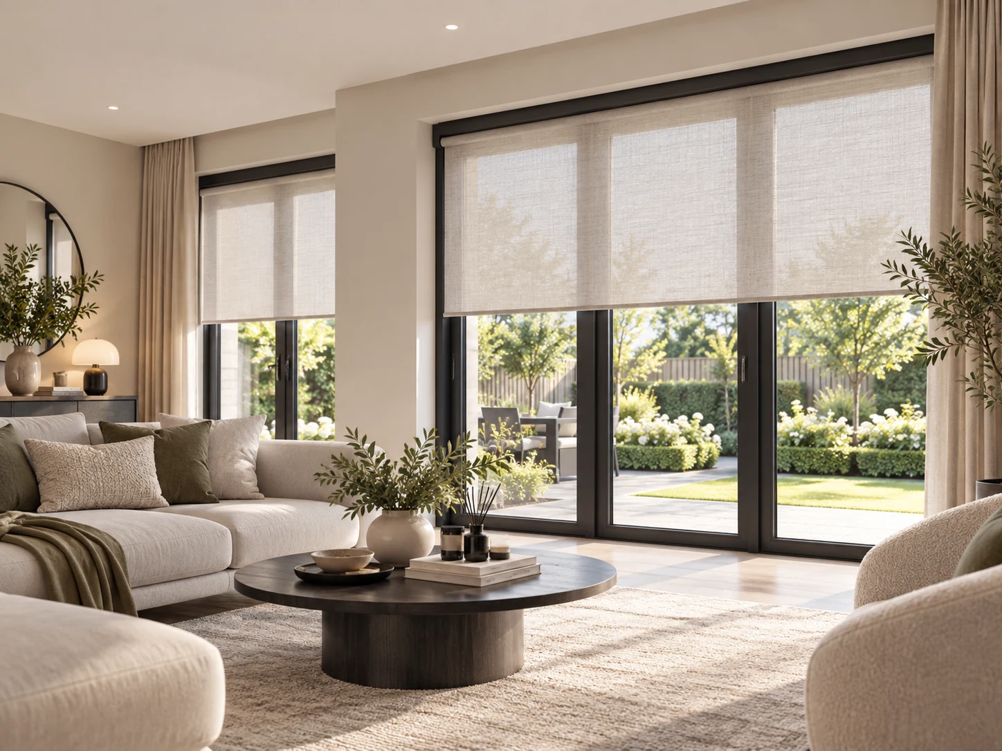 Living room with large dark-framed glazing and roller blinds in a Derrianna Culmore Road style home