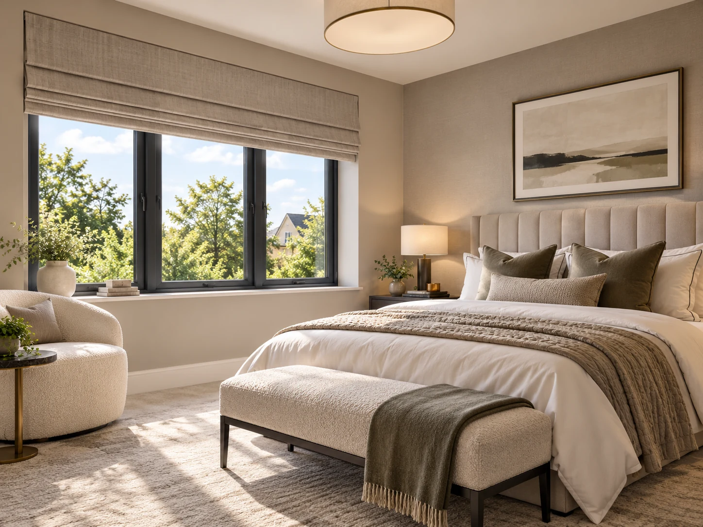 Main bedroom with Roman blinds in a Derrianna Culmore Road style home